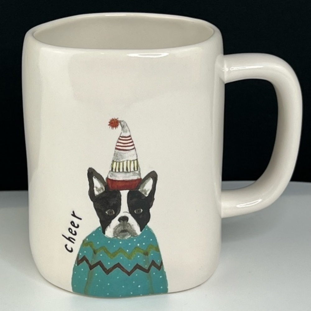 Rae Dunn - ‘Holiday Frenchie Boston Terrier’ Ceramic mug. NWT. Firm!